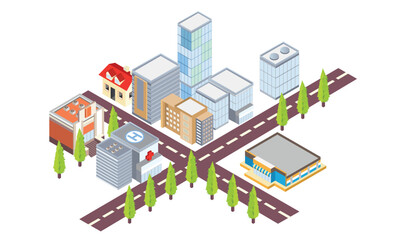 Isometric 3D cityscape view of house tops and street trees.on white background.3D design.isometric vector design Illustration.