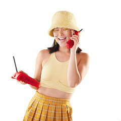Fashion, landline and funny woman on a call isolated on a transparent png background, art eyes...