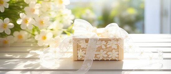 Fototapeta na wymiar Lacy ribbon in blurred flower foreground on white wooden floor inside plastic box