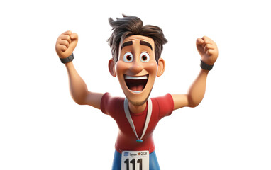 Marathon Runner Boy Crossing the Finish Line and Celebrate the Winning Moments 3D Character Isolated on Transparent Background PNG.