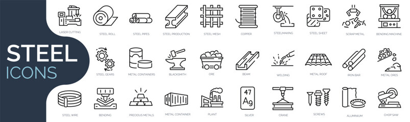 Set of outline icons related to steel. Linear icon collection. Editable stroke. Vector illustration - obrazy, fototapety, plakaty
