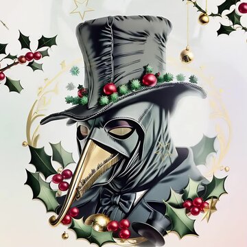 Christmas Plague Mask. Generative AI. Video of images of an animated video of morphing plague face mask with falling stars.