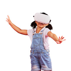 Playing, virtual reality and metaverse with girl and glasses for digital transformation, video...