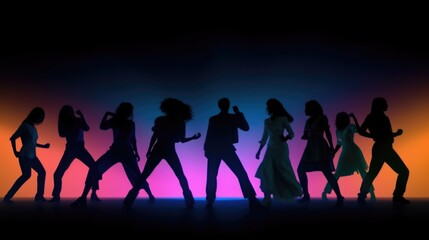 Obraz premium 80s disco, people dancing, silhouette style lighting background.