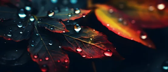 Fotobehang Close-up of a vibrant multicolored Leaves petal with water droplets on a black background 1 © 文广 张