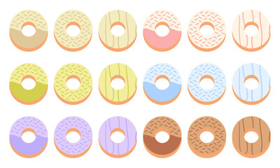 a collection of illustrations of donuts of various flavors and colors on a white background