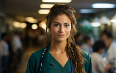 Obraz premium Attractive young nurse posing in hospital reception. Medical concept.