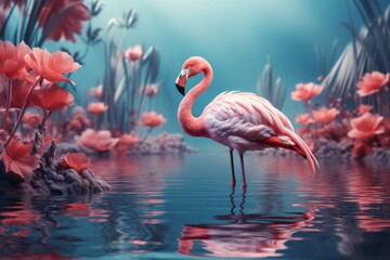 Pastel flamingo in a serene pond, capturing the serenity of nature in vibrant pastels, Generative AI