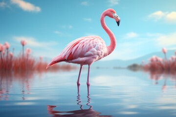 Pastel flamingo in a reflective pose, encouraging mindfulness and relaxation in calming pastels, Generative AI