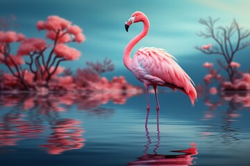 Pastel flamingo in a serene pond, capturing the serenity of nature in vibrant pastels, Generative AI