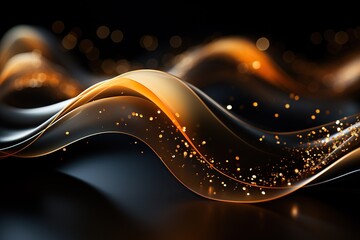 Elegant golden wave curve with golden bokeh. Place for text on dark background. Generated by artificial intelligence