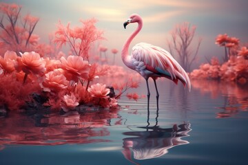 Pastel flamingo standing tall in a minimalistic marsh, embodying tranquility in soothing colors, Generative AI