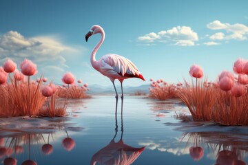 Pastel flamingo standing tall in a minimalistic marsh, embodying tranquility in soothing colors, Generative AI