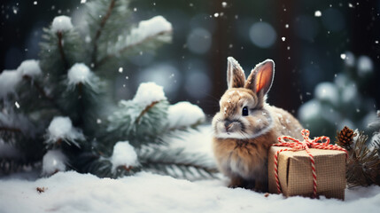 bunny with gift box in winter forest. Christmas background.
