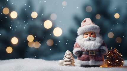 santa claus with christmas decoration on snow with bokeh background