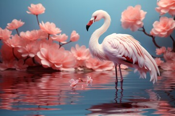Pastel flamingo wading in a serene pond, capturing the grace of nature in calming pastels, Generative AI