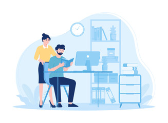 A woman studies using books and a laptop concept flat illustration