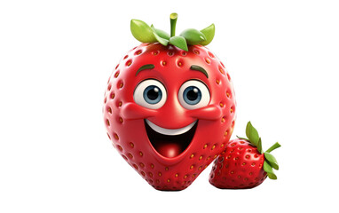 Juicy Red Strawberry with Green Leaves in Smiling Face 3D Character Isolated on Transparent Background PNG.