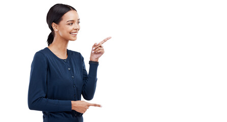 Pointing, profile or happy woman with sale checklist, retail offer or discount deal isolated on...