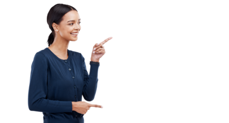 Pointing, profile or happy woman with sale checklist, retail offer or discount deal isolated on png. Transparent background, smile or girl showing steps guide, bullet point info or menu choice promo