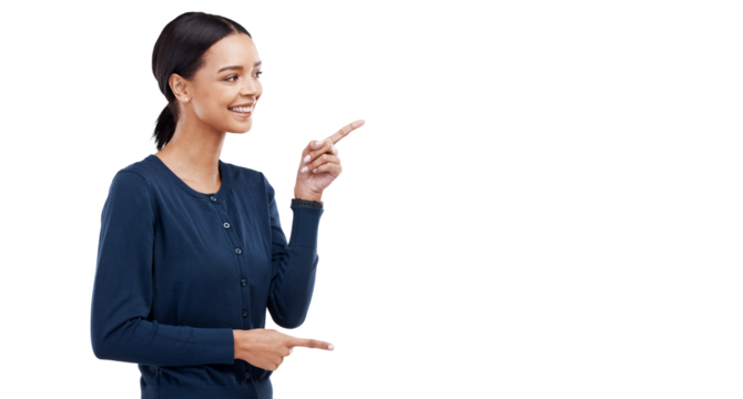Pointing, profile or happy woman with sale checklist, retail offer or discount deal isolated on png. Transparent background, smile or girl showing steps guide, bullet point info or menu choice promo