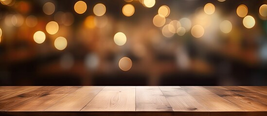 For your photo arrangement or showcasing your products utilize an empty brown wooden table as the main subject with a background featuring a blurred coffee shop or restaurant scene enhanced  - obrazy, fototapety, plakaty