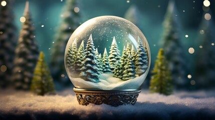 Greeting card for Christmas or New Year. Inside is a glass clear ball camle with colorful Christmas trees all around on snow covered moss with a winter forest in the background. Christmas vacation