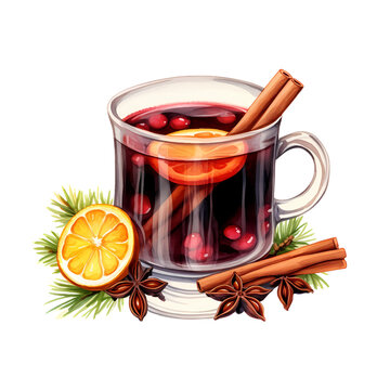 Watercolor  mulled wine ,christmas decoraction, watercolor illustrations