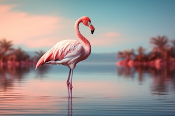 Pastel pink flamingo in a minimalist pond, highlighting the beauty of simplicity in gentle pastel tones, Generative AI 