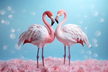 Pastel pink flamingo pair, symbolizing love and unity in gentle pastel tones, Generative AI