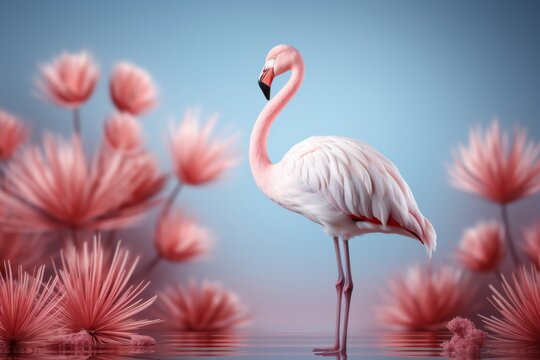 Pastel pink flamingo in a minimalist pond, highlighting the beauty of simplicity in gentle pastel tones, Generative AI © Box Milk