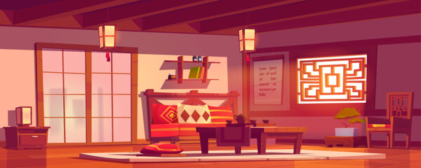Asian bedroom interior with furniture. Vector cartoon illustration of traditional chinese room with wooden bed, armchair, teapot and cups served on table, paper lanterns, drawer, bonsai tree in pot