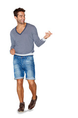 Fashion, smile and air guitar with a man musician isolated on a transparent background for comedy or humor. Music, entertainment and fun with a happy young male person playing an instrument on PNG