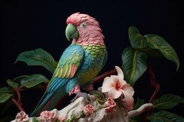 very beautiful pink and green parrot with exotic plants