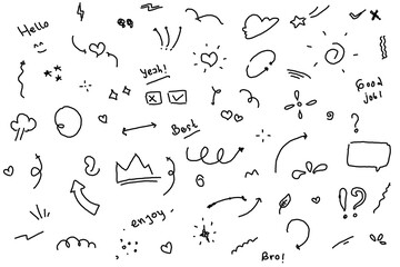 Hand drawn set of simple decorative elements. Various icons such as hearts, stars, speech bubbles, arrows, lines isolated on white background.