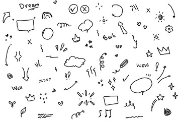 Doodle, cute, glitter, pen, line, elements, heart, arrow, star. Simple sketch line style emphasis, attention, pattern elements. Vector illustration icons set