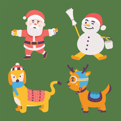 Christmas Vector Characters Set. Dog, Santa, Reindeer, Snowman. cute christmas character, christmas element, christmas collections. Vector Illustrations