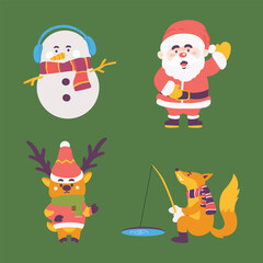 Christmas Vector Characters Set. Wolf, Santa, Reindeer, Snowman. cute christmas character, christmas element, christmas collections. Vector Illustrations