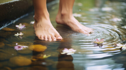 Close-up of manicured feet in foot spa. Beauty spa for treatment and relaxation - obrazy, fototapety, plakaty