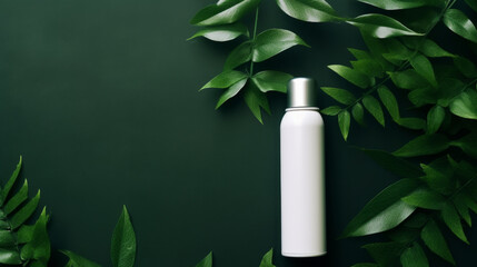 White blank hairspray container on a green leafy backdrop. For organic or eco friendly product - obrazy, fototapety, plakaty