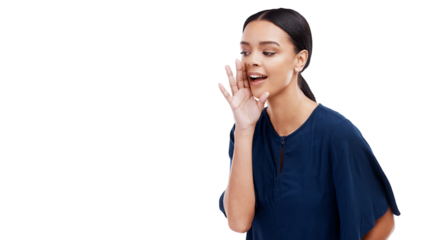 Gossip, whisper and secret with face of woman on png for announcement, information and deal. News, privacy and voice with person isolated on transparent background for drama, rumor and opinion