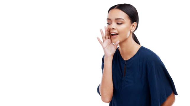 Gossip, whisper and secret with face of woman on png for announcement, information and deal. News, privacy and voice with person isolated on transparent background for drama, rumor and opinion - Powered by Adobe