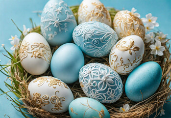 Easter poster background template with Easter eggs in the nest on light blue background. Greetings and presents for Easter Day