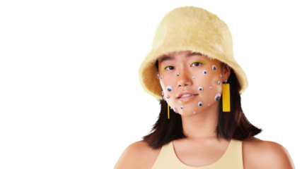 Fashion, portrait and woman with funny eyes as a meme or comedy isolated in a transparent and png background. Face, aesthetic and creative or young female person, gen z or girl with facial art