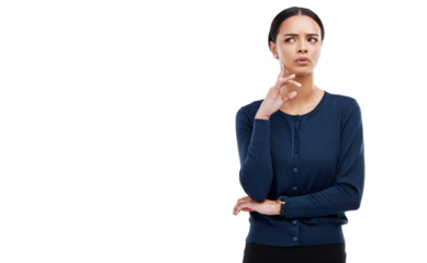 Thinking, ideas and young woman planning a decision, problem solving solution with casual. Pensive, brainstorming and female person with memory face expression isolated by transparent png background.