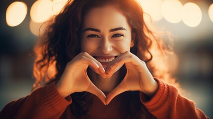 Hispanic woman smiling lovingly and making heart symbol shape with hands. romantic concept. I love you.