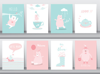 Fototapeta na wymiar Set of baby shower invitation cards,birthday,poster,template, greeting cards,cute,bear,animals poster,template,Vector illustrations.