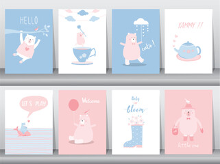 Set of baby shower invitation cards,birthday,poster,template,
greeting cards,cute,bear,animals poster,template,Vector illustrations. - 670868313