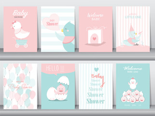 Set of baby shower invitation cards,birthday,poster,template,
greeting cards,cute,chicken,animals poster,template,Vector illustrations.  - 670868315