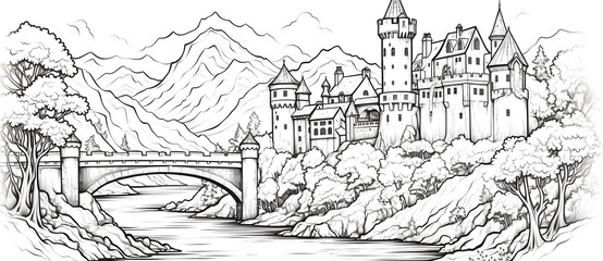 Sketch painting of a castle on a mountain and a natural landscape of mountains and rivers 1